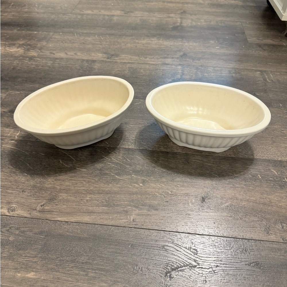 Set of 2 Vintage Haeger Matte Cream‎ Ribbed Oval Planters #3938